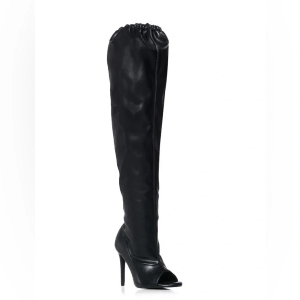 AZALEA WANG Black Leather Open Toe Slouchy Thigh Boots